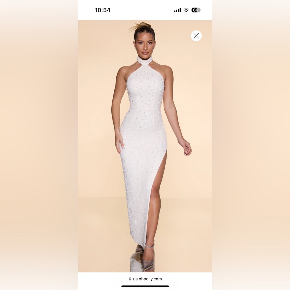 White/Ivory Pearl Beaded Split Formal Dress Size 6 (Small)